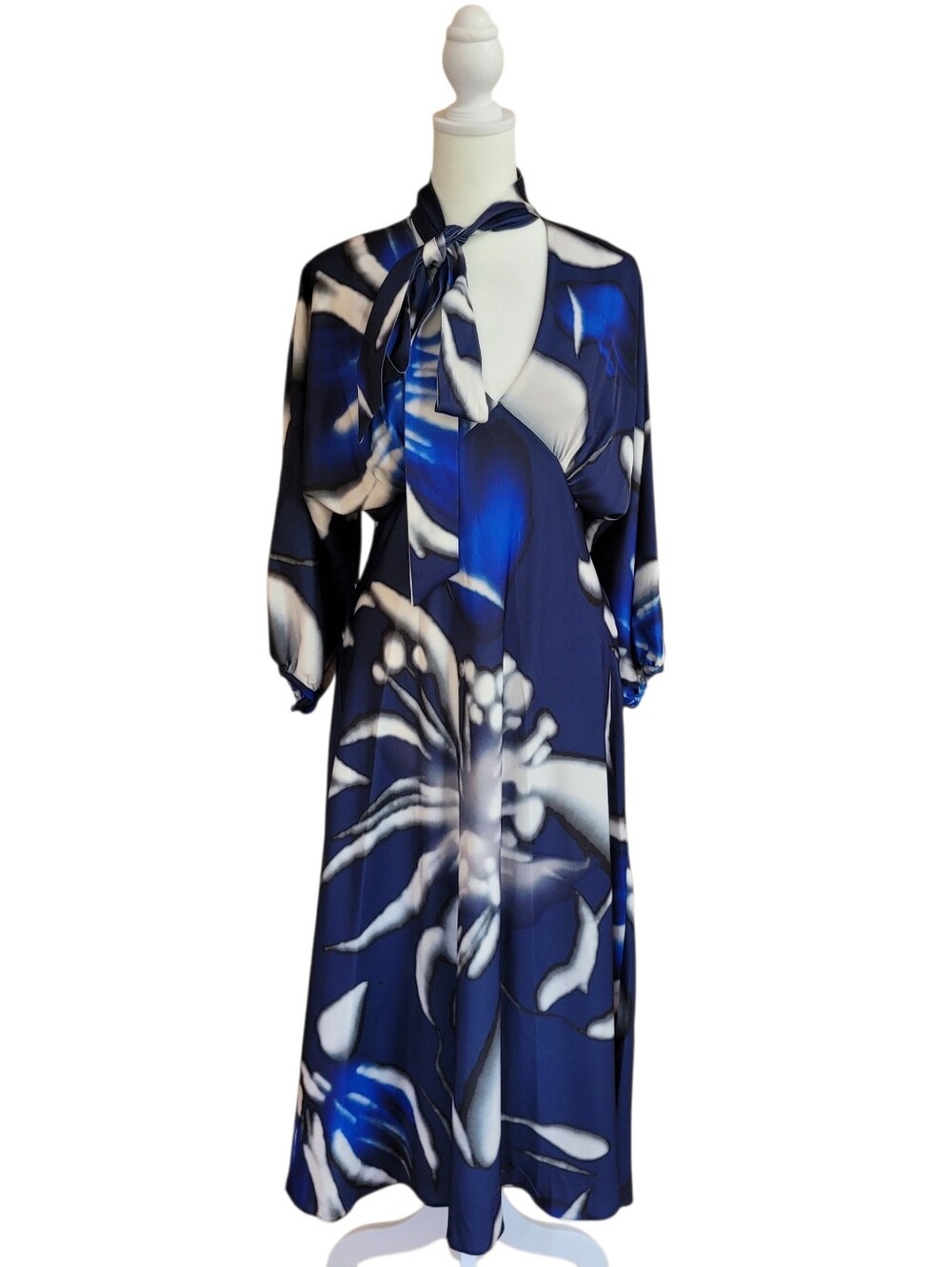 Donna Karan Silk Feel Abstract Print Midi Dress Long Sleeve Tie Neck Dress 4